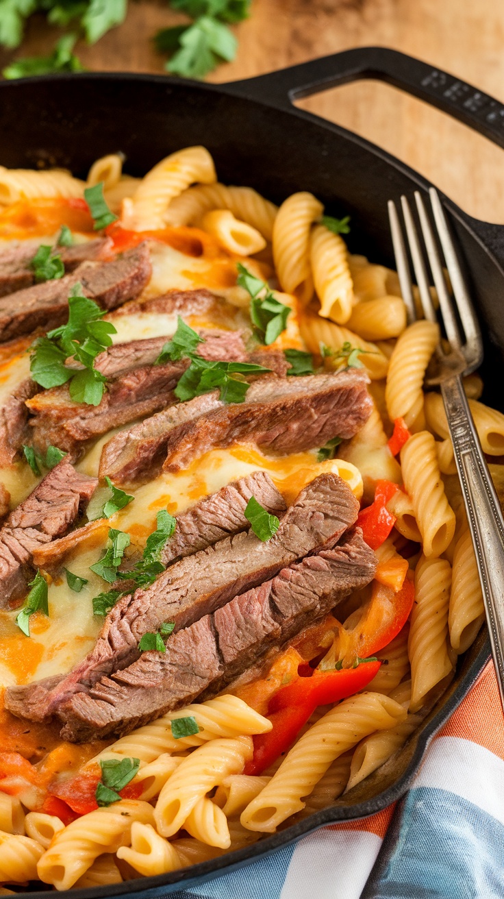 Philly Cheesesteak Pasta Skillet with beef, peppers, and cheese in a cast iron pan on a rustic kitchen table.